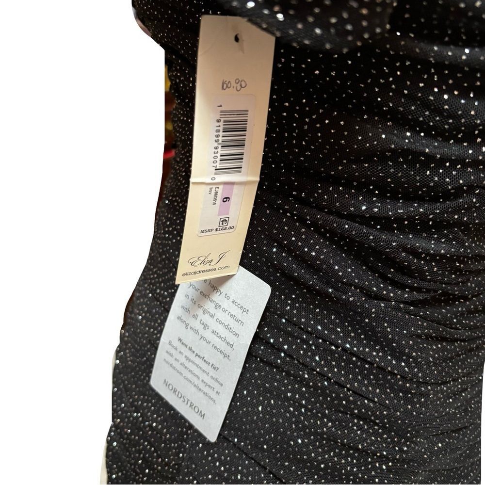 NWT Eliza J Black Silver Glitter Ruched Off Shoulder Cocktail Dress Sz 6 - Picture 6 of 9